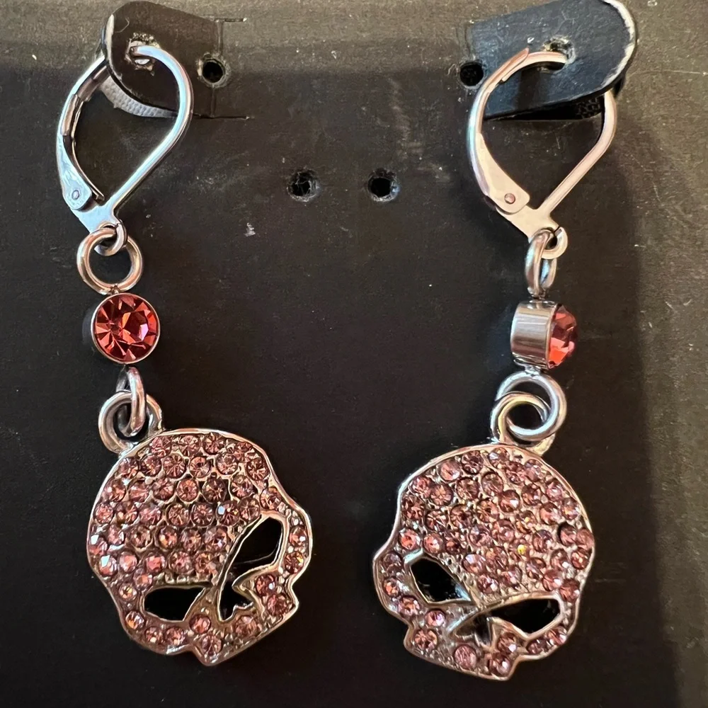 Harley-Davidson® Women's Earrings, PINK Bling Willie G Skull Dangles 💕 - Picture 4 of 7
